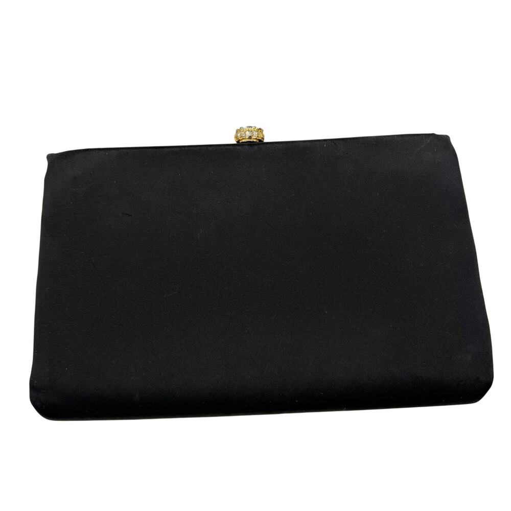 VTG black satin clutch clamshell opening pink coin purse included. gold hardware